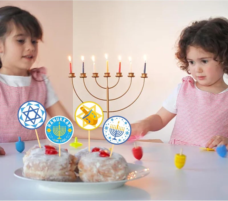 Moitkptt 24Pcs Hanukkah Cupcake Toppers, Glitter Star of David Candlestick Hexagram Chanukkah Cupcake Toppers for Hanukkah Party Decorations Supplies (print) - Image 3